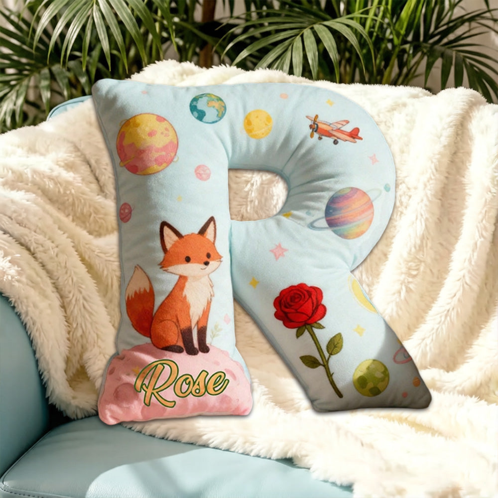 Personalized Cartoon Fox and Rose Alphabet Pillow with Custom Initial, Kids Christmas Birthday Gift Cushion
