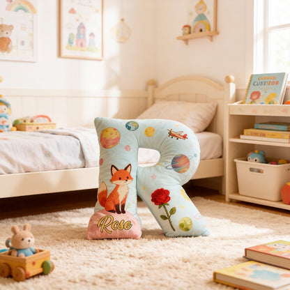 Personalized Cartoon Fox and Rose Alphabet Pillow with Custom Initial, Kids Christmas Birthday Gift Cushion