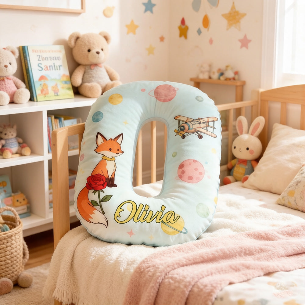 Personalized Cartoon Fox and Rose Alphabet Pillow with Custom Initial, Kids Christmas Birthday Gift Cushion