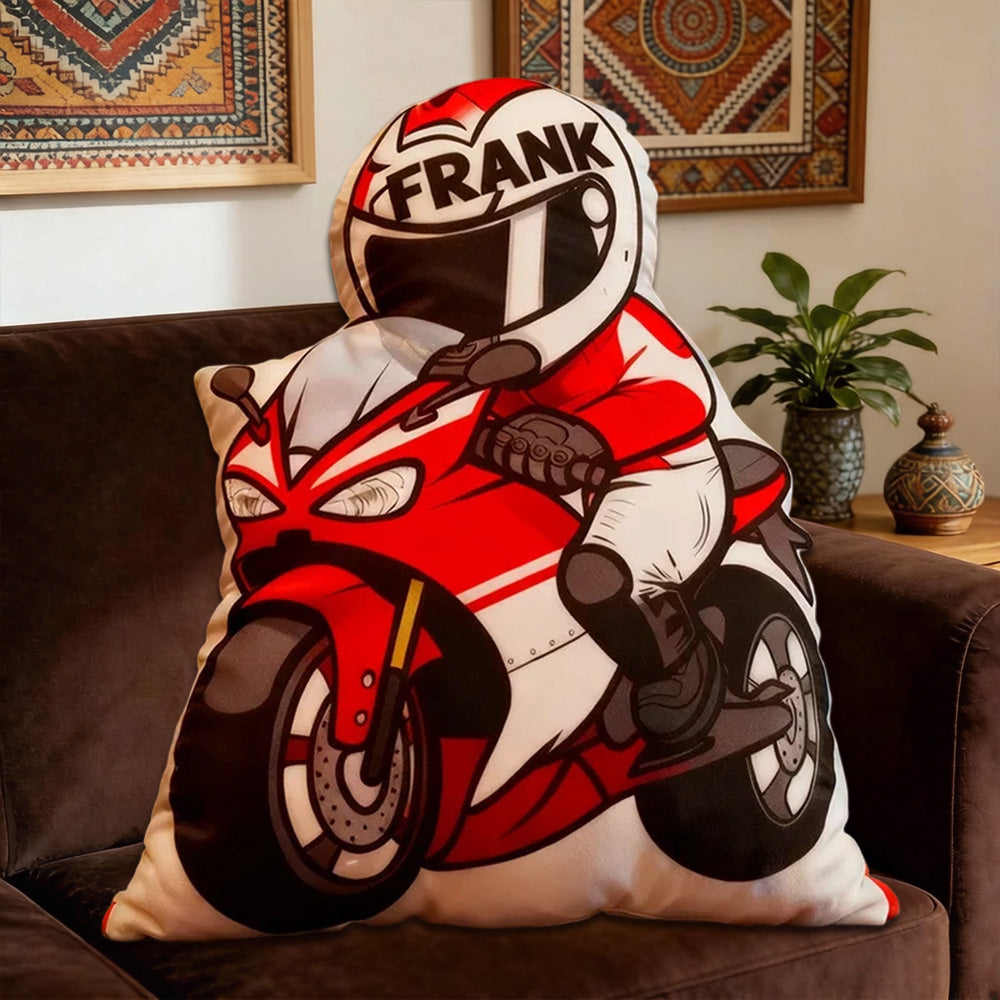 Personalized Motorcycle Rider Shaped Pillow with Custom Name – Unique Cushion Gift for Bikers and Motorcycle Lovers