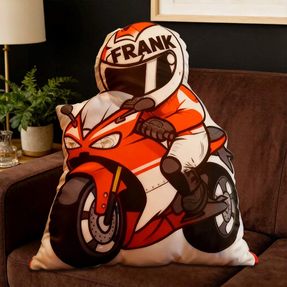 Personalized Motorcycle Rider Shaped Pillow with Custom Name – Unique Cushion Gift for Bikers and Motorcycle Lovers