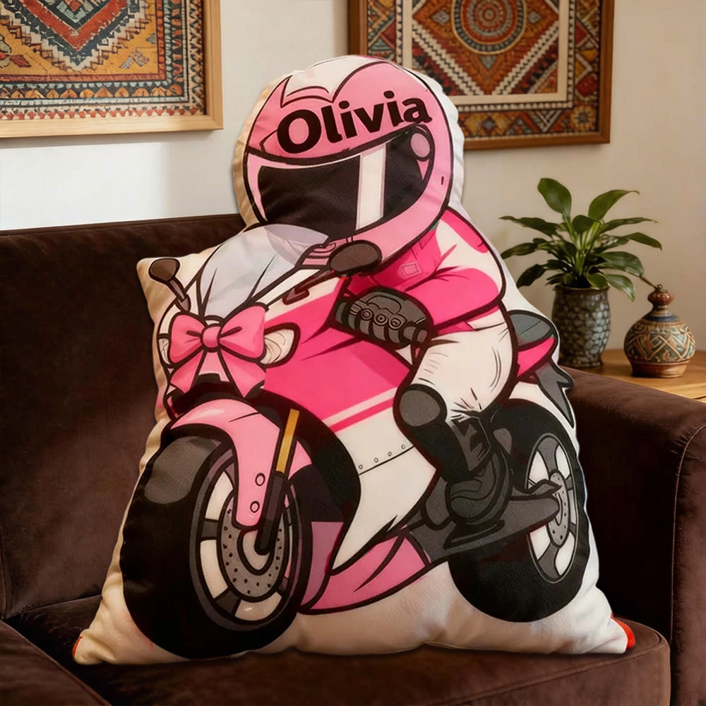 Personalized Motorcycle Rider Shaped Pillow with Custom Name – Unique Cushion Gift for Bikers and Motorcycle Lovers