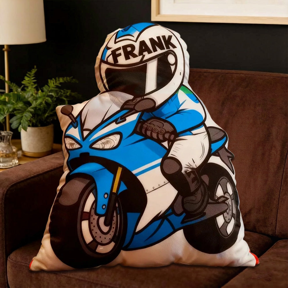 Personalized Motorcycle Rider Shaped Pillow with Custom Name – Unique Cushion Gift for Bikers and Motorcycle Lovers