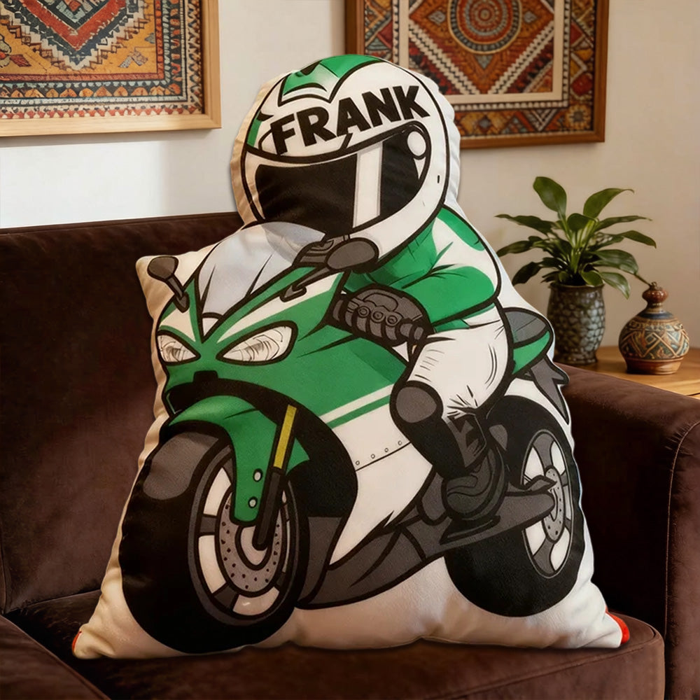Personalized Motorcycle Rider Shaped Pillow with Custom Name – Unique Cushion Gift for Bikers and Motorcycle Lovers