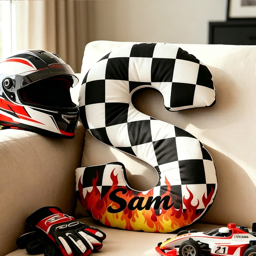 Personalized Racing Letter Pillow – 3D Graphic Print with Custom Name Perfect Gift for Racers