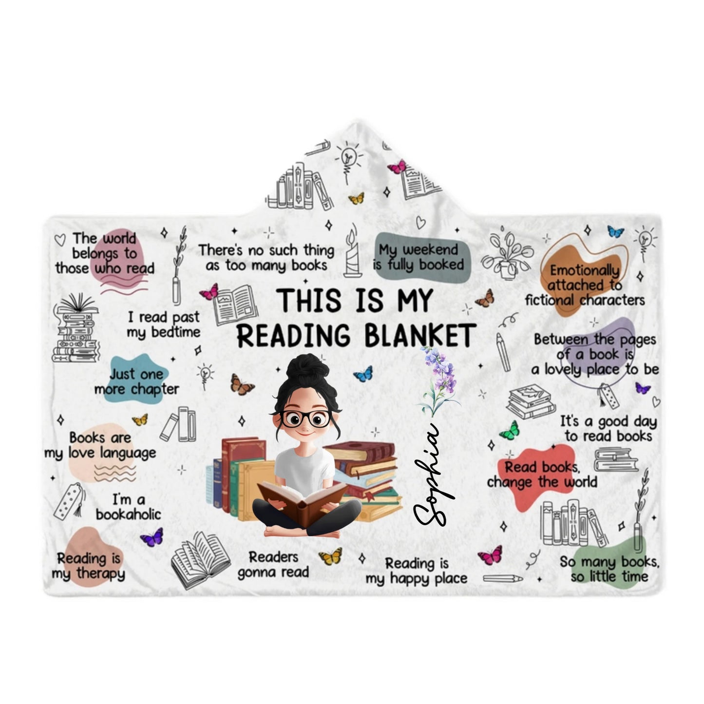 Personalized Birth Flower Reading Blanket with Name Books Quotes Hooded Blanket