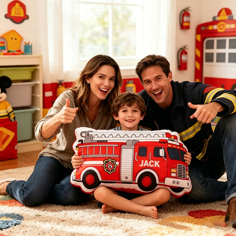 Personalized Fire Engine Pillow Custom Name Plush Cushion Firefighter Gift for Kids and Vehicle Enthusiasts