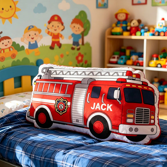 Personalized Fire Engine Pillow Custom Name Plush Cushion Firefighter Gift for Kids and Vehicle Enthusiasts