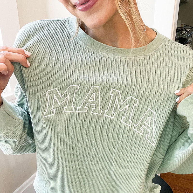 Embroidered Waffle Knit Mama Crewneck Sweatshirt with Kid Names on Sleeve