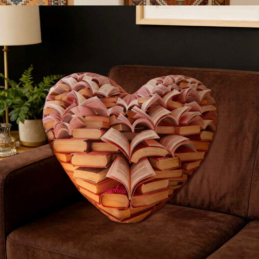Personalized Book Heart Pillow with Custom Name, Book Lover Gift, Valentine Birthday Reading Cushion for Kids, Boys & Girls