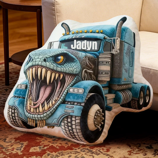 Personalized Blue Crocodile Monster Truck Pillow Custom Name Graphic Print Cushion Gift for Kids