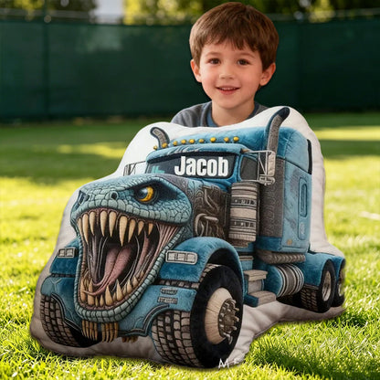 Personalized Blue Crocodile Monster Truck Pillow Custom Name Graphic Print Cushion Gift for Kids