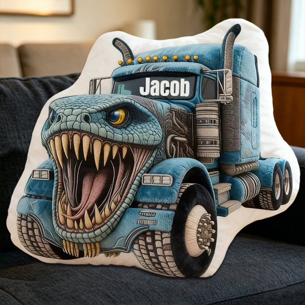 Personalized Blue Crocodile Monster Truck Pillow Custom Name Graphic Print Cushion Gift for Kids