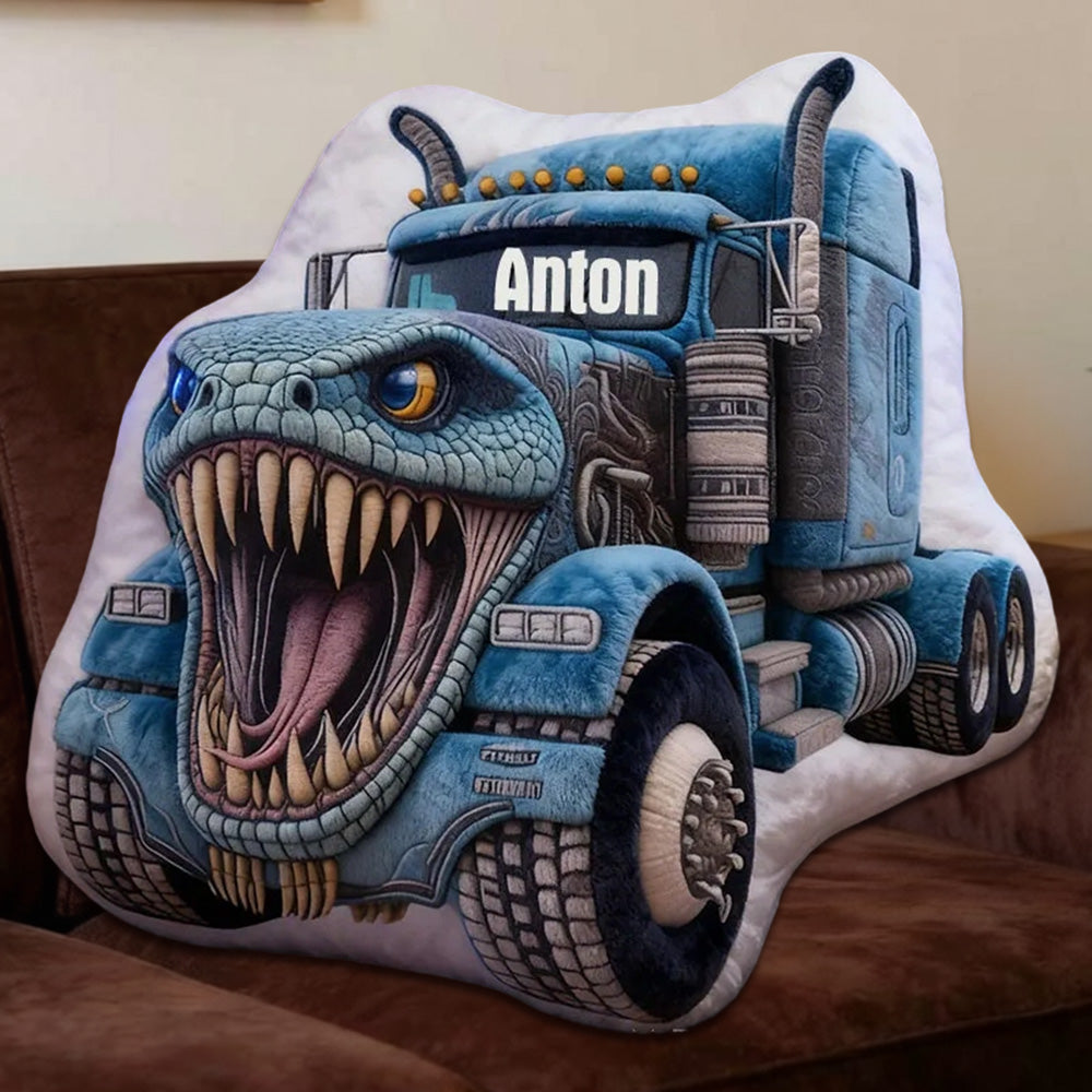 Personalized Blue Crocodile Monster Truck Pillow Custom Name Graphic Print Cushion Gift for Kids