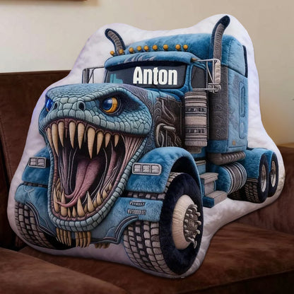 Personalized Blue Crocodile Monster Truck Pillow Custom Name Graphic Print Cushion Gift for Kids