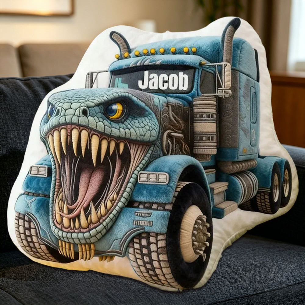 Personalized Blue Crocodile Monster Truck Pillow Custom Name Graphic Print Cushion Gift for Kids