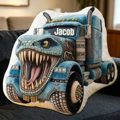 Personalized Blue Crocodile Monster Truck Pillow Custom Name Graphic Print Cushion Gift for Kids