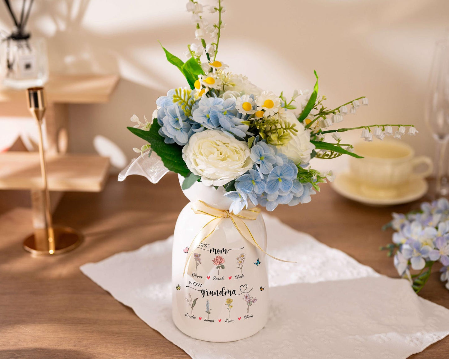 Personalized First Mom Now Grandma Birth Month Flower Vase with Names Mother's Day Gift
