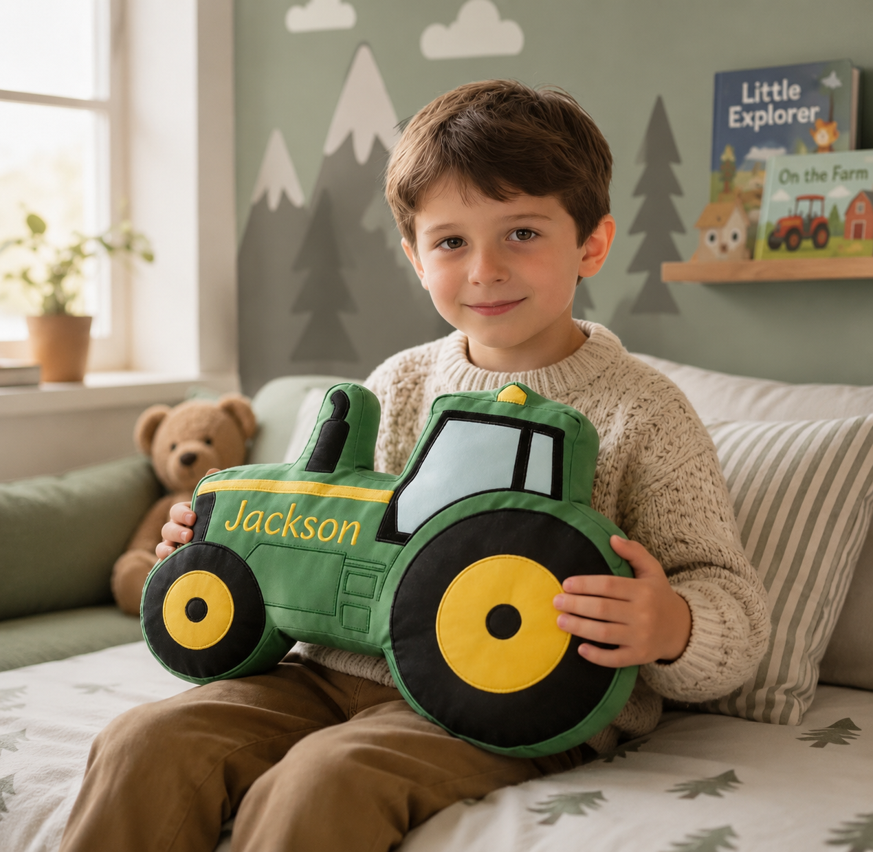 Custom Excavator Pillow with Name Personalized Construction Truck Cushion Gift for Boys Toddler Room Decor