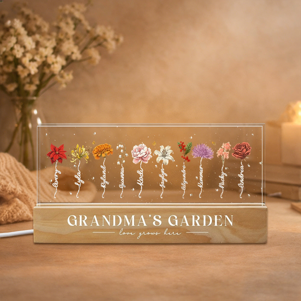 Custom Mom's Garden Love Grows Here Birth Flower Wood Night Light Gifts For Mom Grandma Christmas Gift Ideas