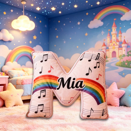 Personalized Rainbow Music Note Pillow with Custom Name, Colorful Sheet Music Plush Cushion, Unique Gift for Kids, Music Lovers & Girls Room Decor