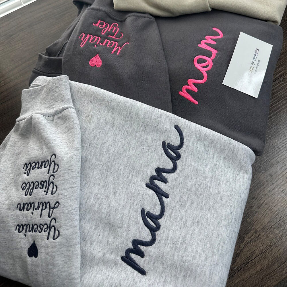 Embroidered Mama Sweatshirt with Kids Names on Sleeve Gift for Mom Mother's Day Birthday Gifts
