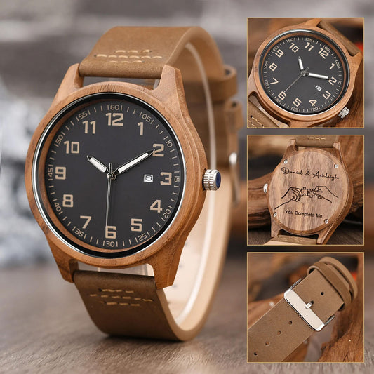 Personalized You Complete Me Men's Engraved Wooden Anniversary Watch Gift From Wife