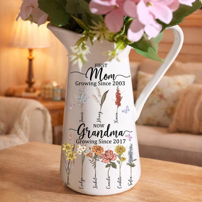 Personalized “First Mom, Now Grandma” Birth Month Flower Vase – Custom Kids’ Names, Christmas Gift for Mom or Grandma