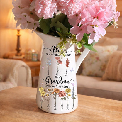 Personalized “First Mom, Now Grandma” Birth Month Flower Vase – Custom Kids’ Names, Christmas Gift for Mom or Grandma