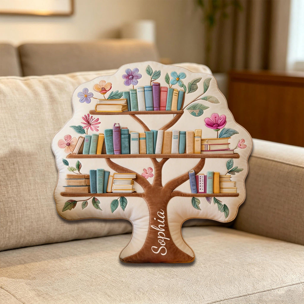 Personalized Tree Bookshelf Pillow with Custom Name, Floral 3D Print Throw Pillow, Gift for Book Lovers & Readers