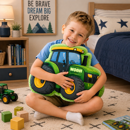 Personalized Green Tractor Pillow, Custom Name Farm Vehicle Cushion, Cute Tractor Decor Gift for Boys and Toddlers