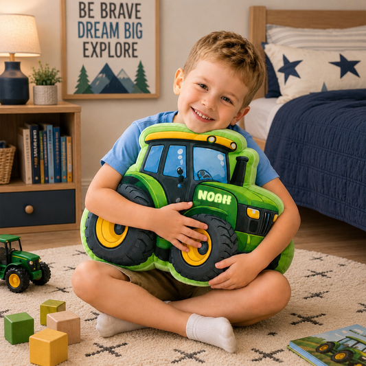 Personalized Green Tractor Pillow, Custom Name Farm Vehicle Cushion, Cute Tractor Decor Gift for Boys and Toddlers