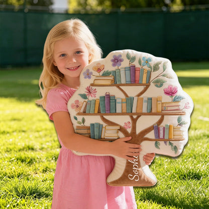 Personalized Tree Bookshelf Pillow with Custom Name, Floral 3D Print Throw Pillow, Gift for Book Lovers & Readers