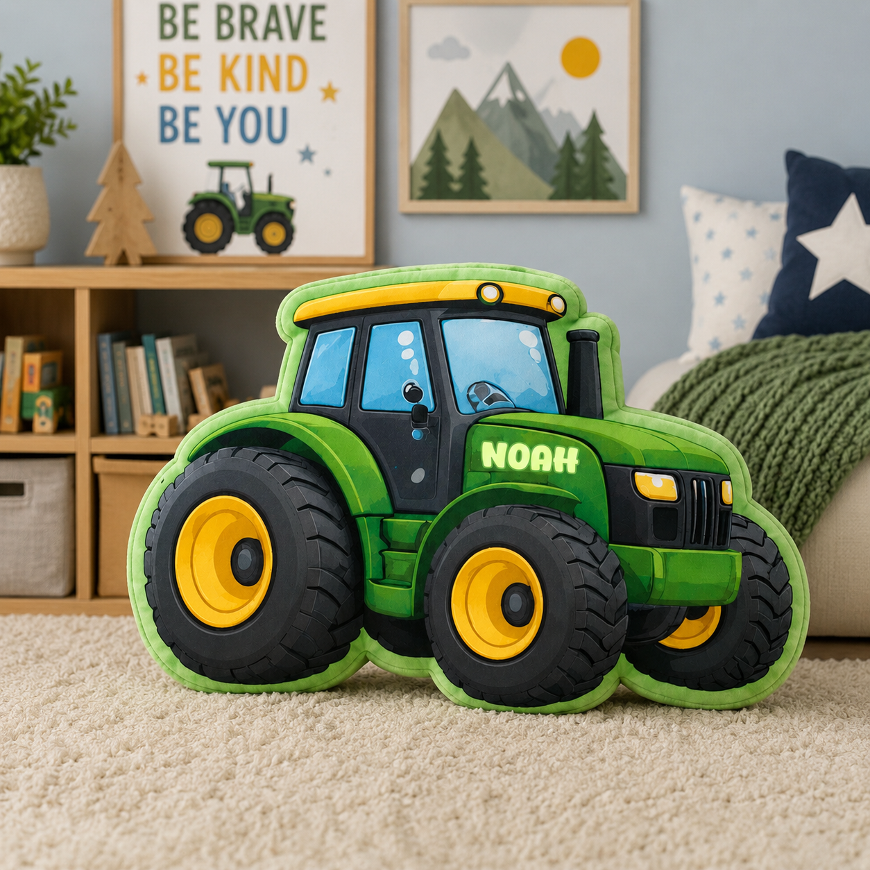 Personalized Green Tractor Pillow, Custom Name Farm Vehicle Cushion, Cute Tractor Decor Gift for Boys and Toddlers