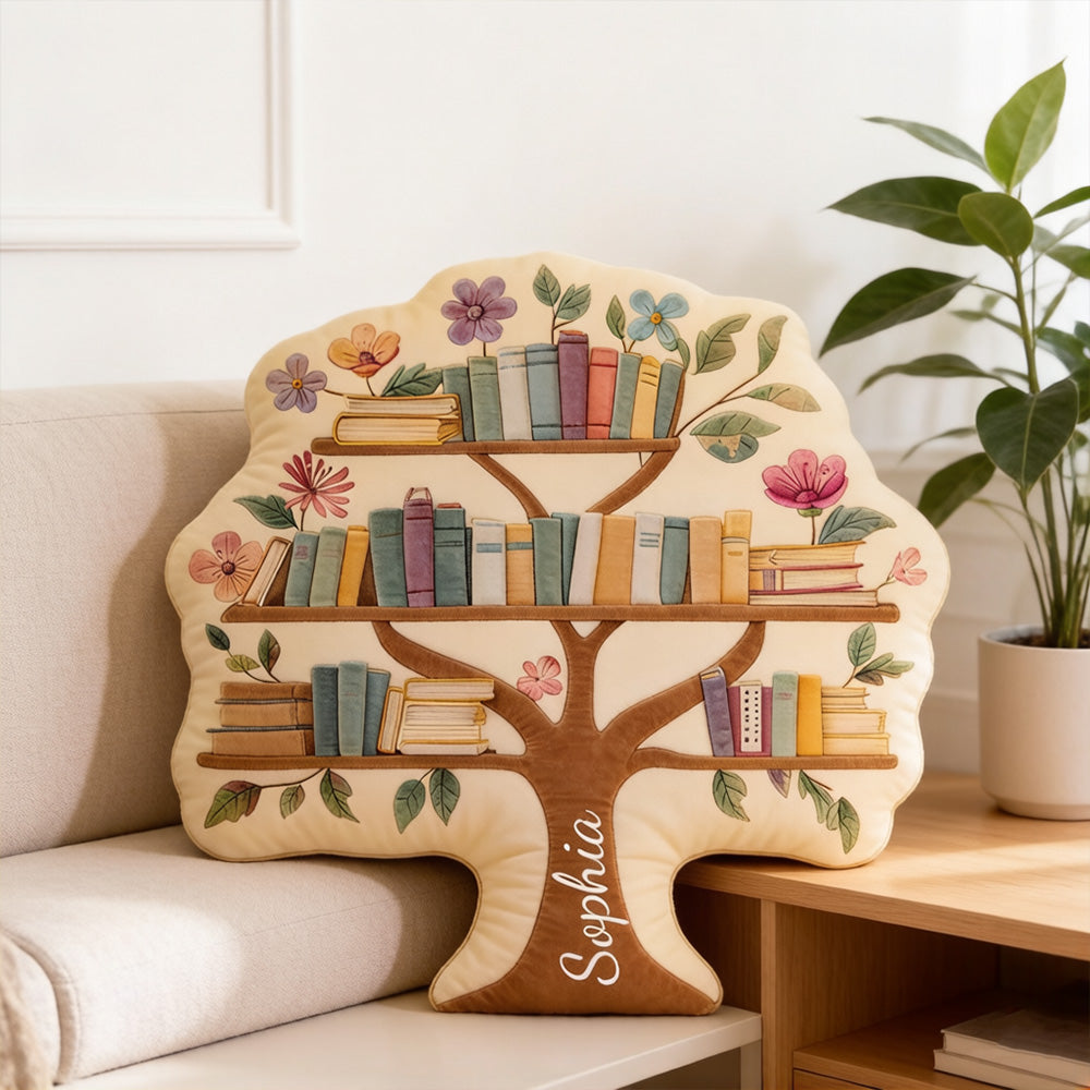 Personalized Tree Bookshelf Pillow with Custom Name, Floral 3D Print Throw Pillow, Gift for Book Lovers & Readers