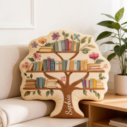 Personalized Tree Bookshelf Pillow with Custom Name, Floral 3D Print Throw Pillow, Gift for Book Lovers & Readers