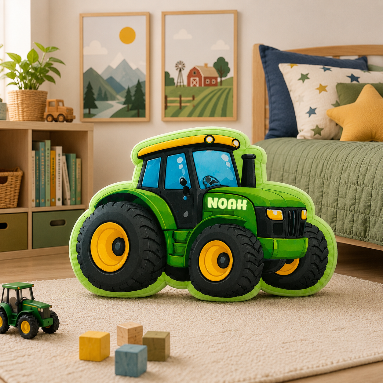 Personalized Green Tractor Pillow, Custom Name Farm Vehicle Cushion, Cute Tractor Decor Gift for Boys and Toddlers