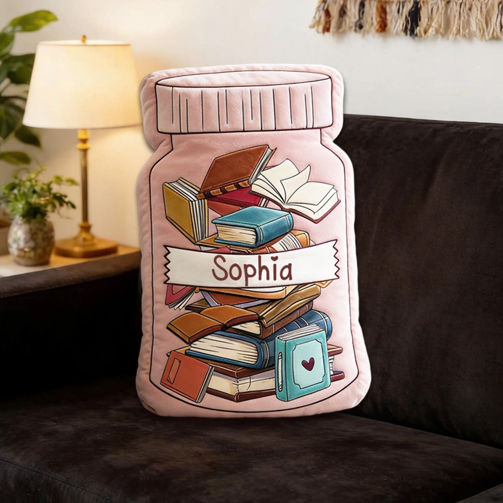 Personalized Book Jar Throw Pillow with Custom Name, Book Lover Gift, Bookish 3D Print Cushion for Bookworms