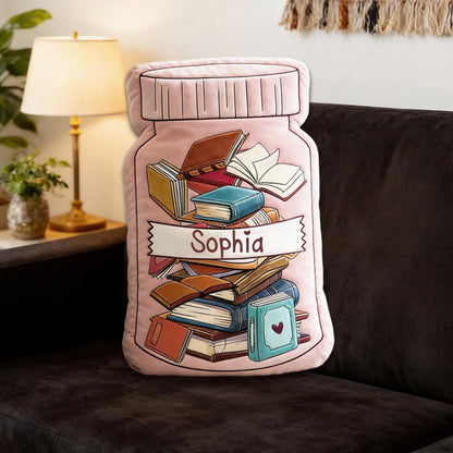 Personalized Book Jar Throw Pillow with Custom Name, Book Lover Gift, Bookish 3D Print Cushion for Bookworms