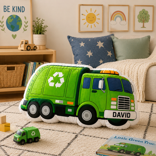 Personalized Garbage Truck Pillow – Custom Trash & Recycling Truck Cushion for Kids, Toddler Nursery Decor, Gift for Boys and Sons