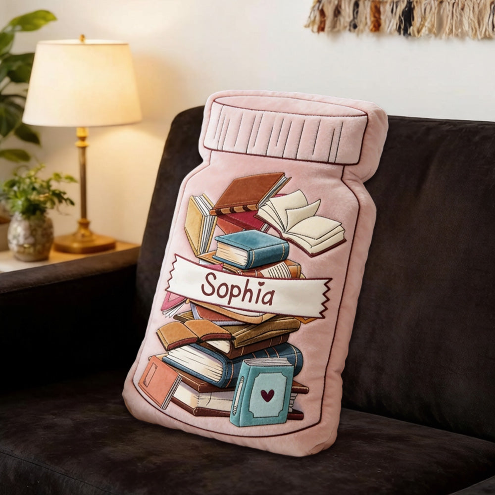 Personalized Book Jar Throw Pillow with Custom Name, Book Lover Gift, Bookish 3D Print Cushion for Bookworms