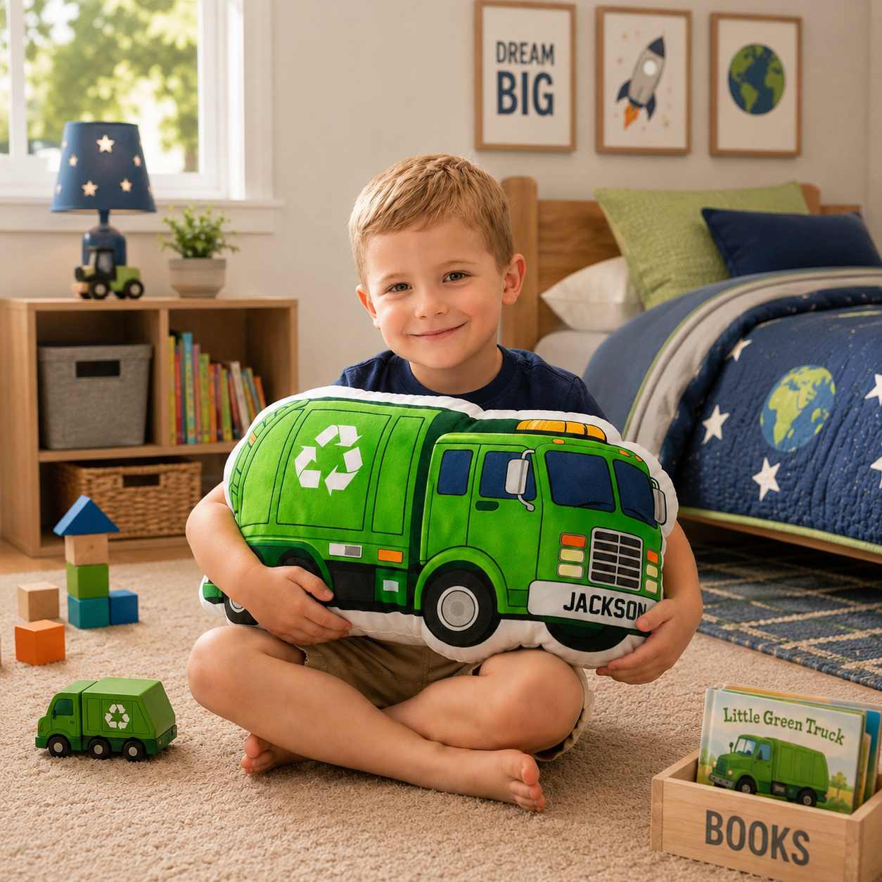 Personalized Garbage Truck Pillow – Custom Trash & Recycling Truck Cushion for Kids, Toddler Nursery Decor, Gift for Boys and Sons