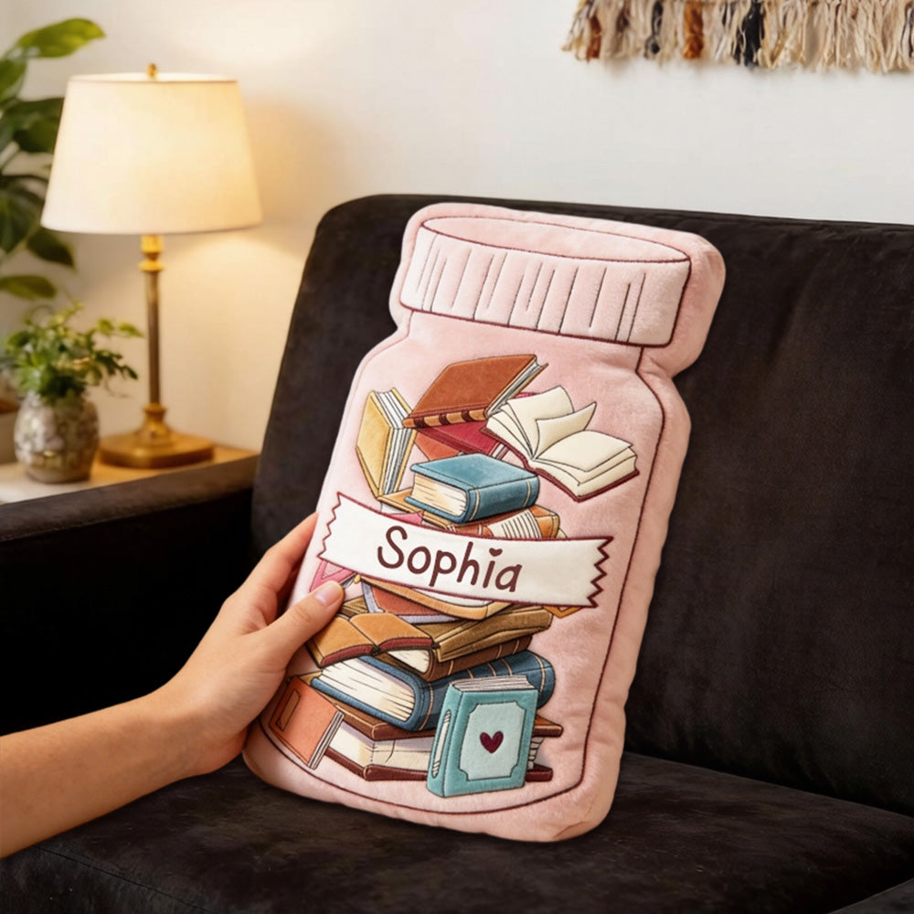 Personalized Book Jar Throw Pillow with Custom Name, Book Lover Gift, Bookish 3D Print Cushion for Bookworms