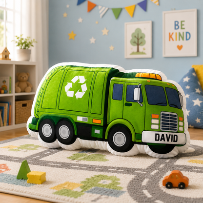 Personalized Garbage Truck Pillow – Custom Trash & Recycling Truck Cushion for Kids, Toddler Nursery Decor, Gift for Boys and Sons