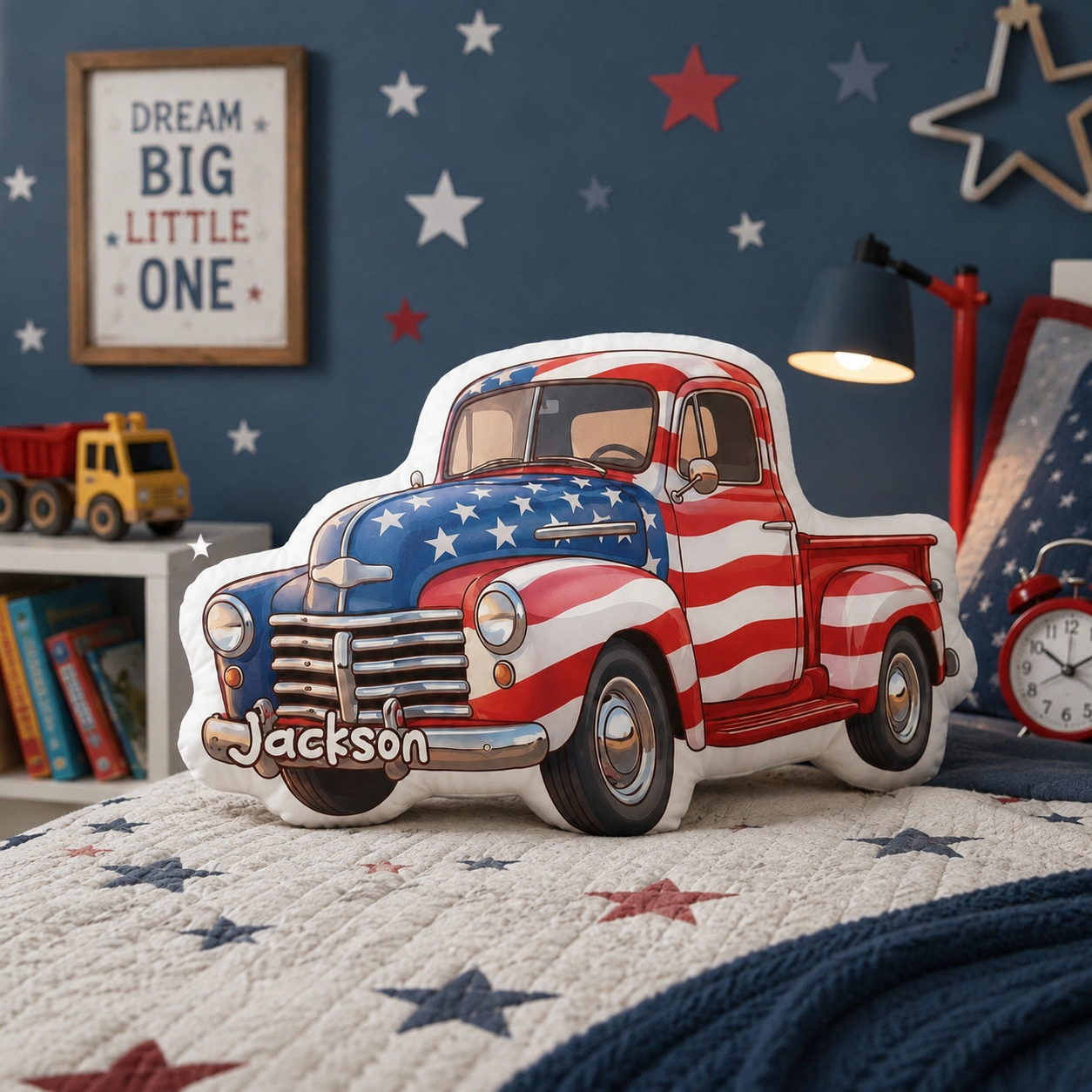 Custom American Pickup Truck Pillow – Personalized Name, Patriotic USA Flag Design, Kids Room Decor