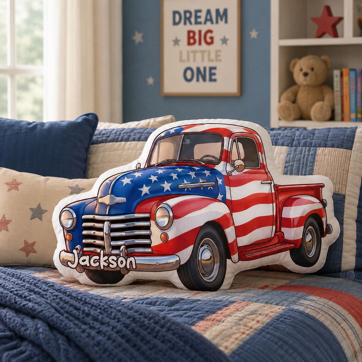 Custom American Pickup Truck Pillow – Personalized Name, Patriotic USA Flag Design, Kids Room Decor