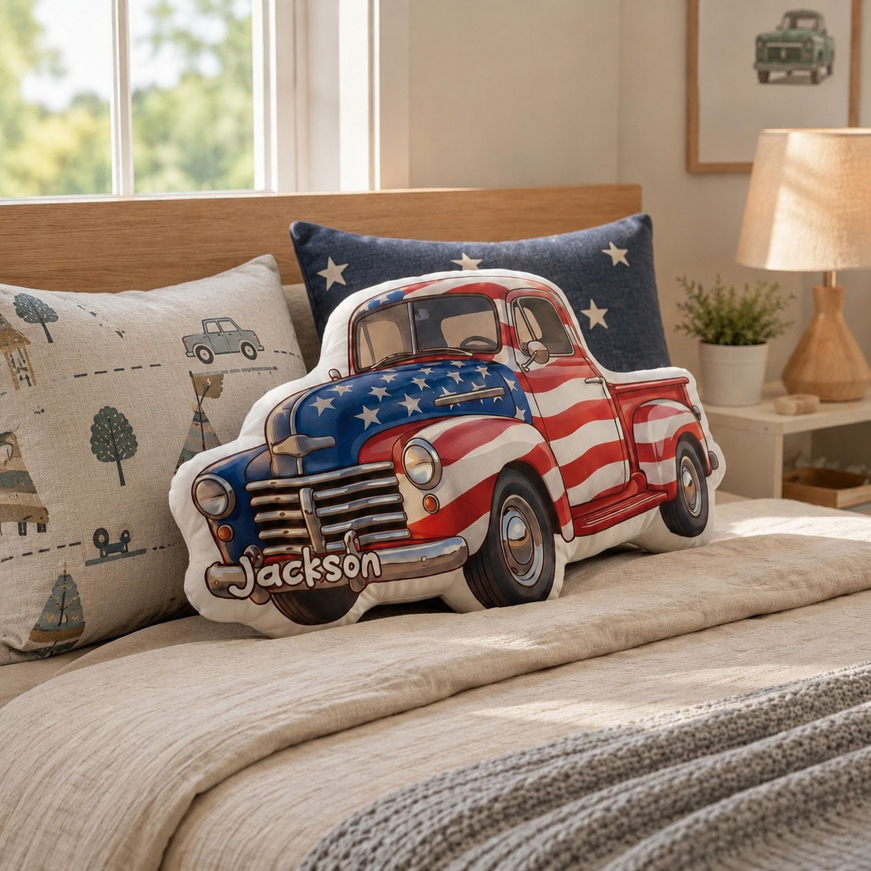 Custom American Pickup Truck Pillow – Personalized Name, Patriotic USA Flag Design, Kids Room Decor