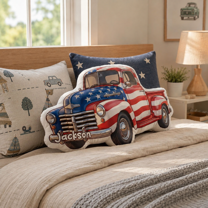 Custom American Pickup Truck Pillow – Personalized Name, Patriotic USA Flag Design, Kids Room Decor