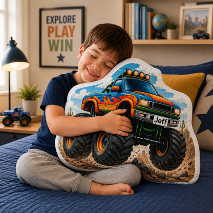 Monster Truck Shaped Pillow, Custom Name Racing Truck Cushion, Boys Room Decor, Off-Road Vehicle Gift for Kids