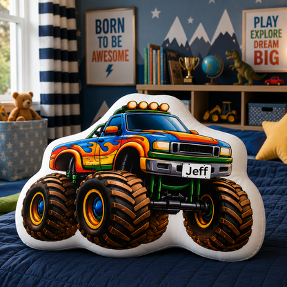 Monster Truck Shaped Pillow, Custom Name Racing Truck Cushion, Boys Room Decor, Off-Road Vehicle Gift for Kids